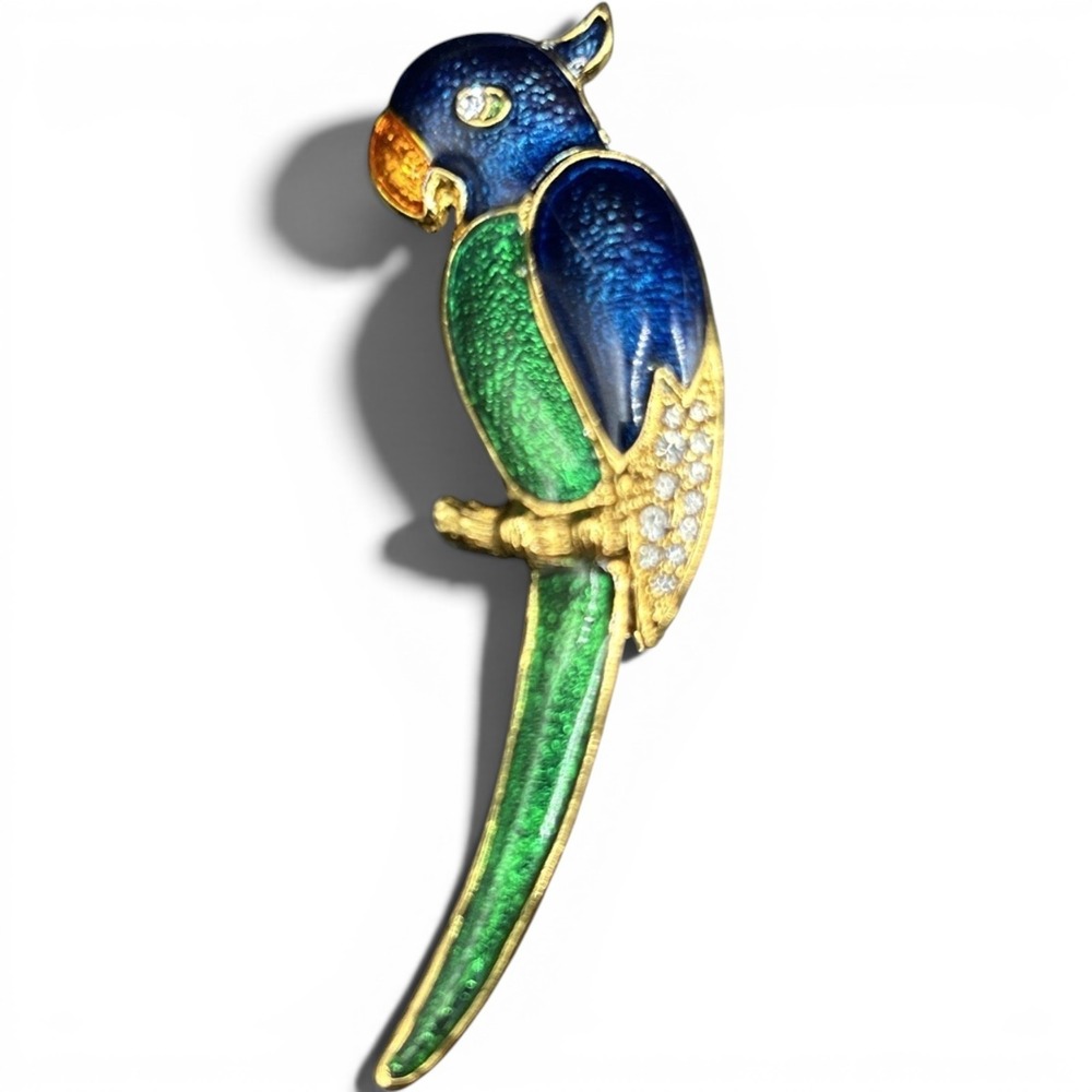 Vtg Enameled & Rhinestone Crystal Parrot Brooch Bird Pin Figural Blue Green